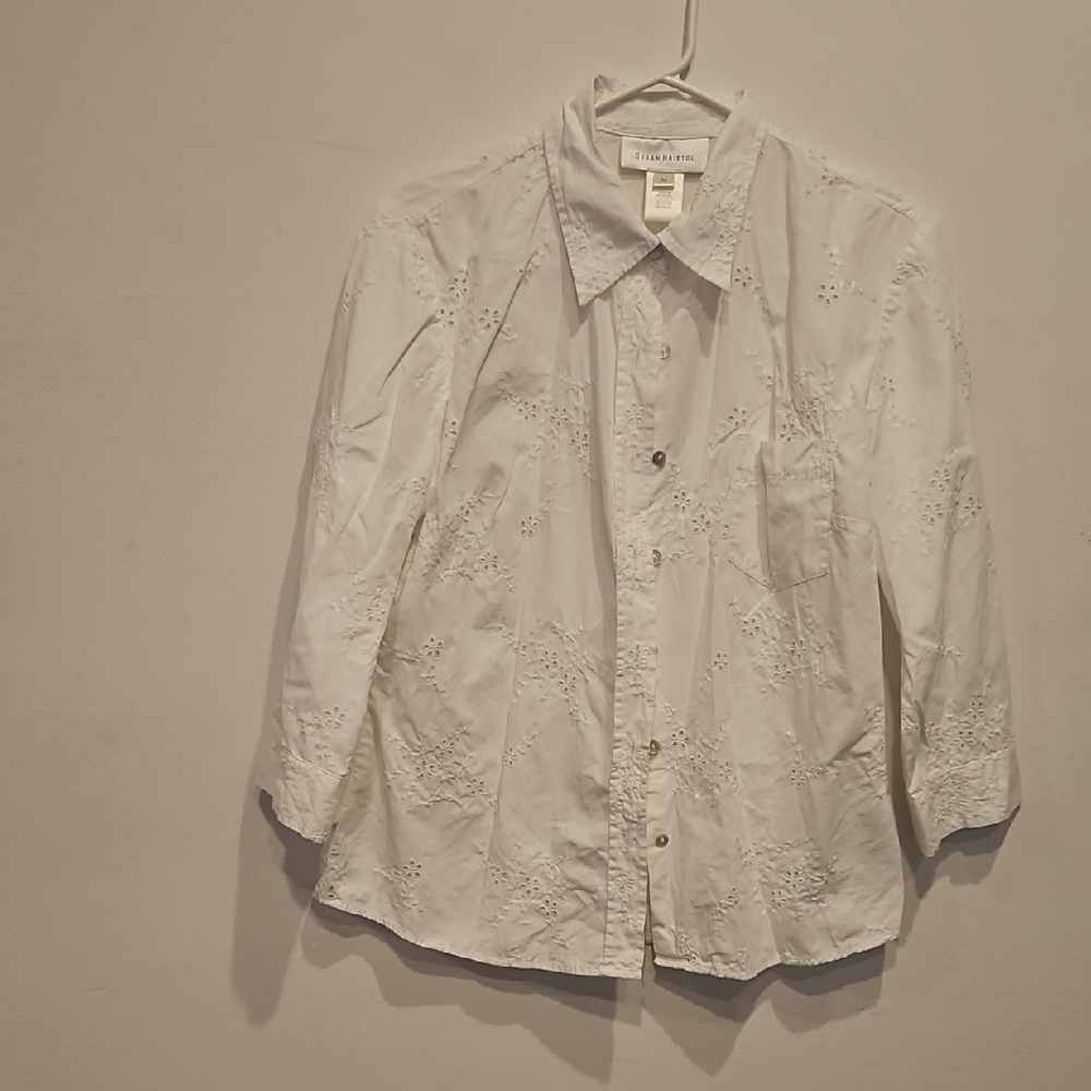 Susan Bristol White Eyelet Button Down Shirt